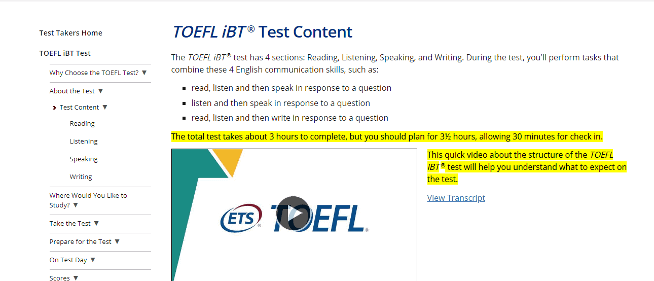 Toefl iBT Test- How long is toefl test