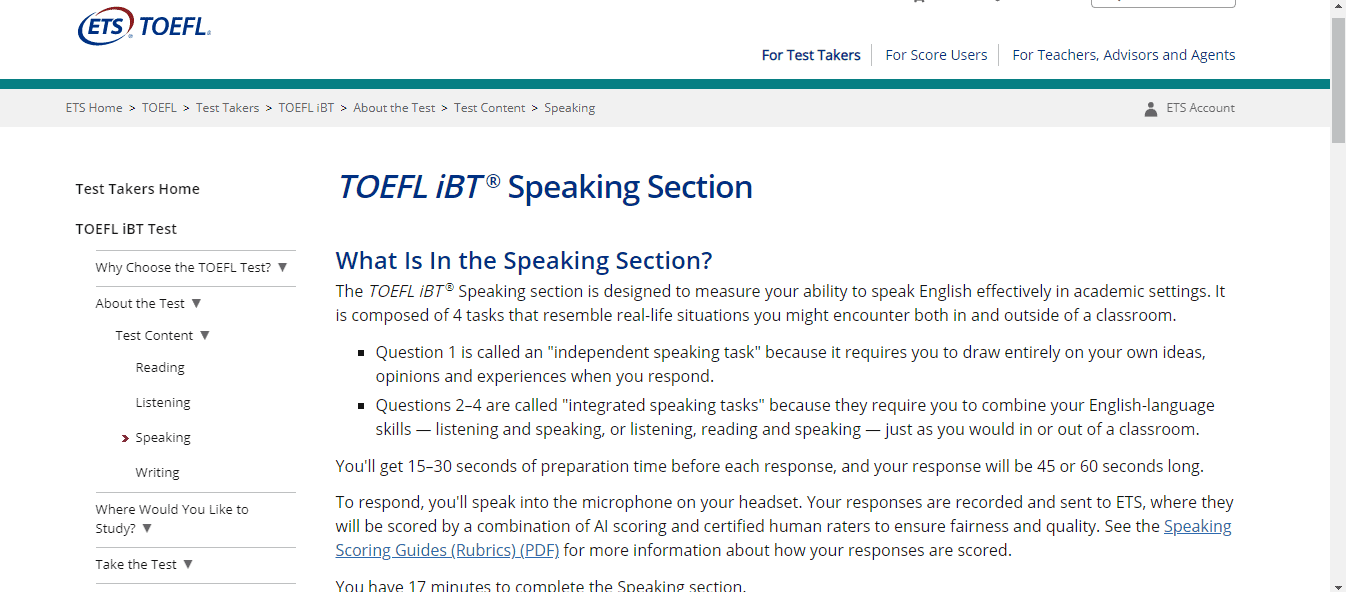 Speaking Section - How long is toefl test