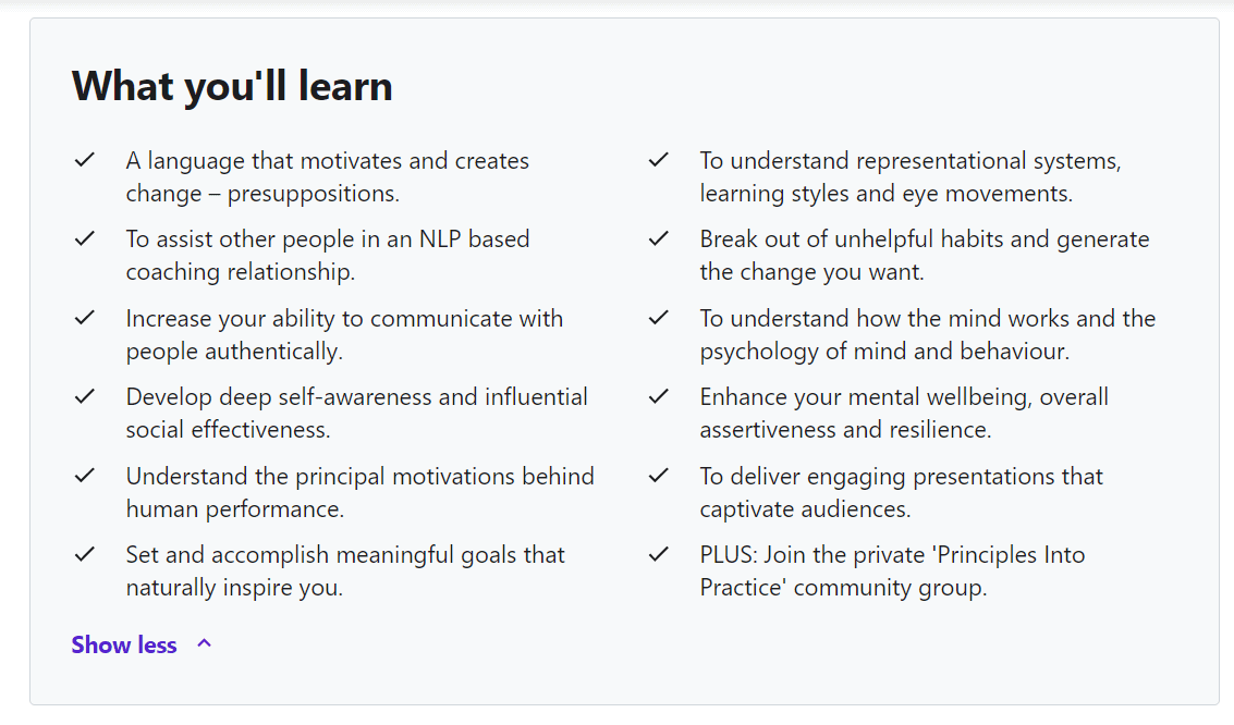 take-aways from NLP Practitioners Certification Course (Beginners to Advanced) 