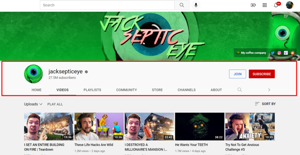 Jackseptic eye Youtube channel subscribers