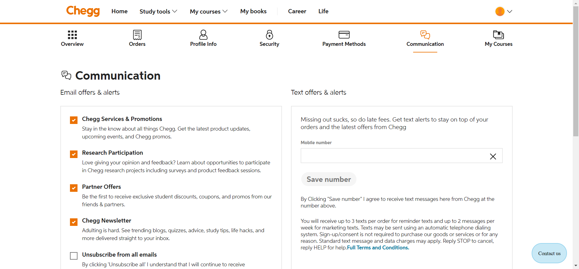 Chegg communication dashboard for account deletion