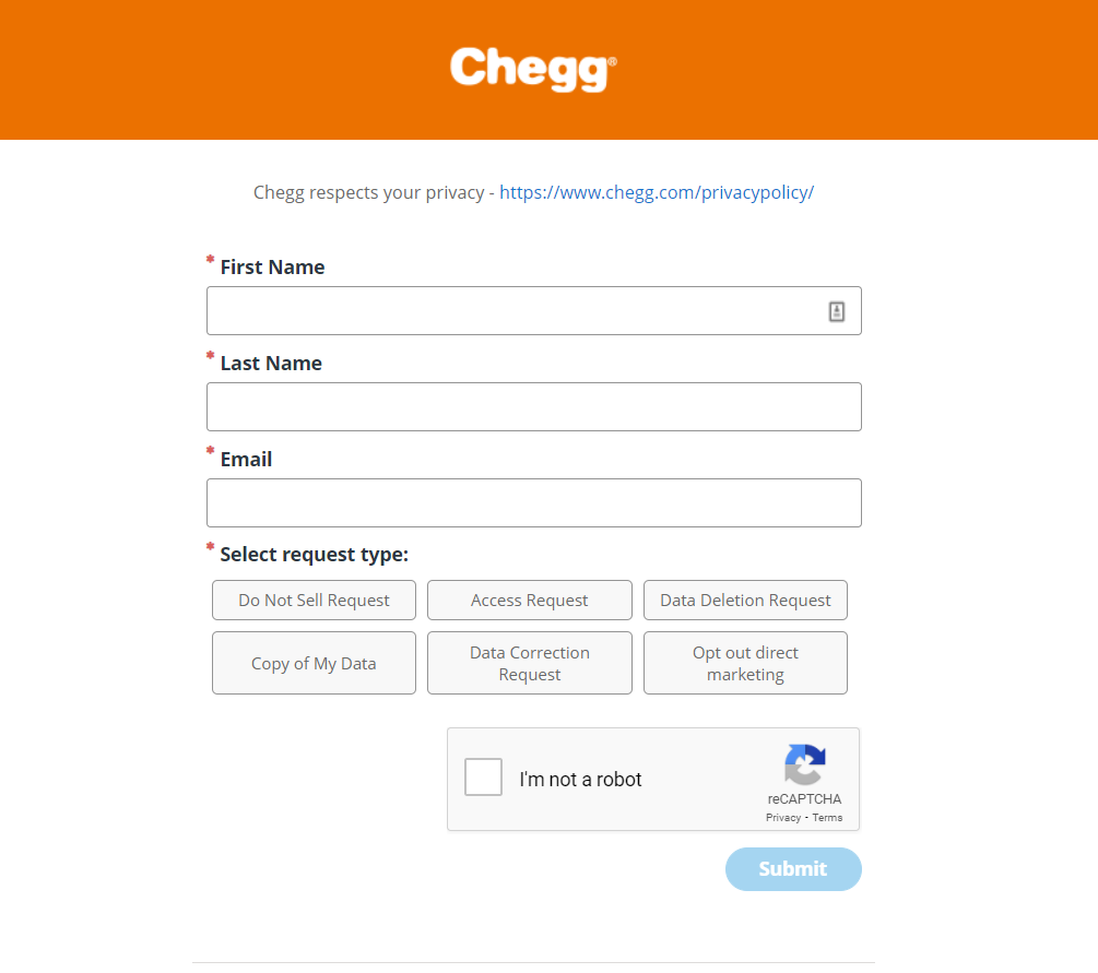 Chegg form for subscription cancellation and account deletion