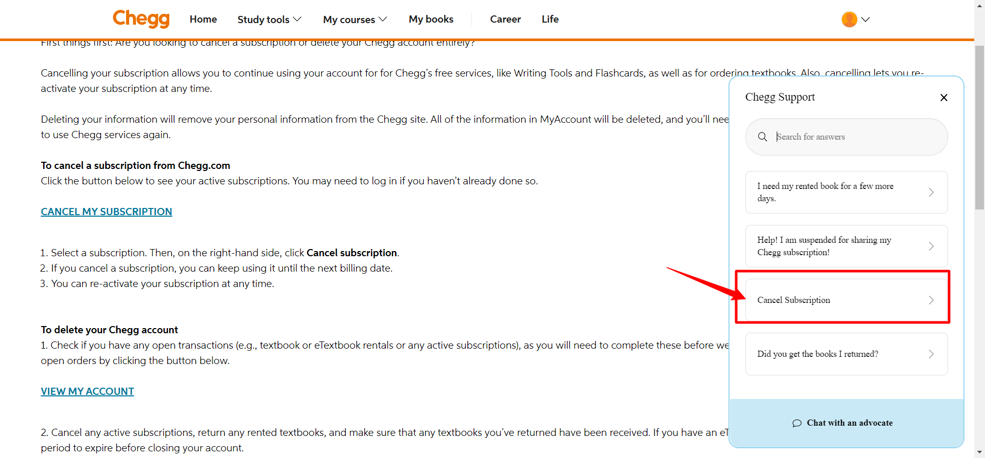 deleting chegg account fro website