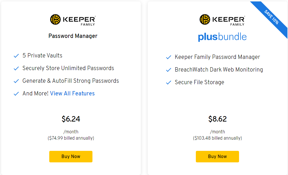 Keeper Family Plans Pricing
