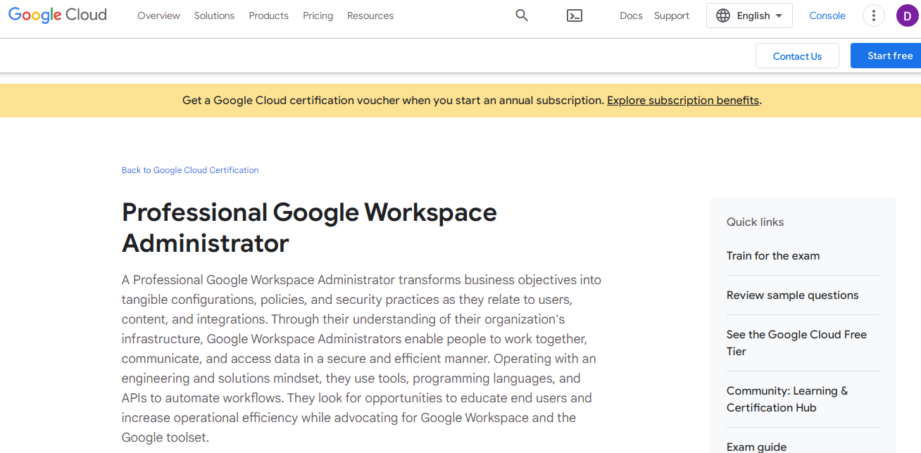 Google Professional Workspace Administrator Homepage