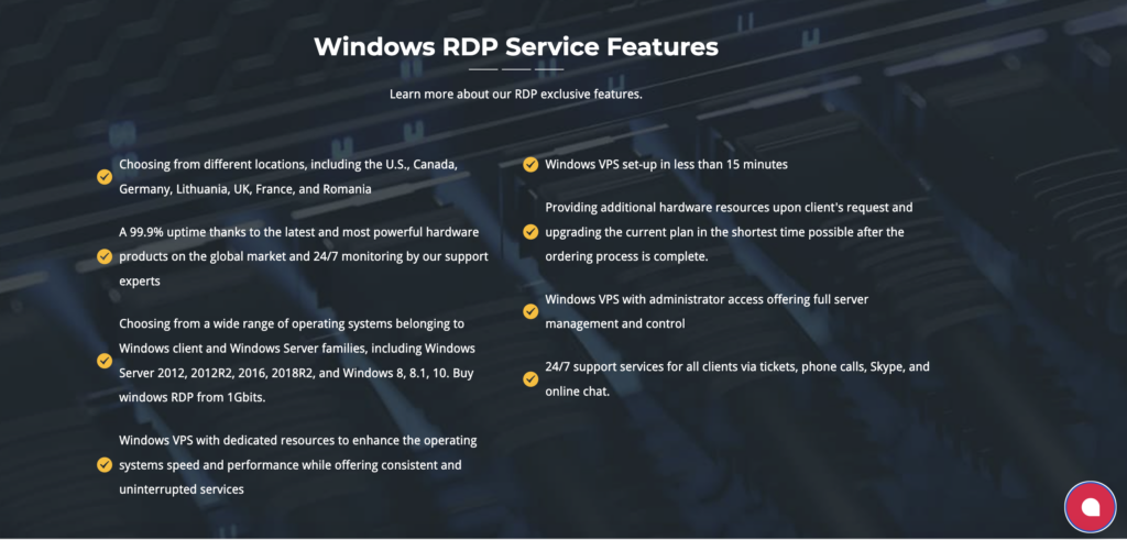 Features of Windows RDP Service from 1Gbits