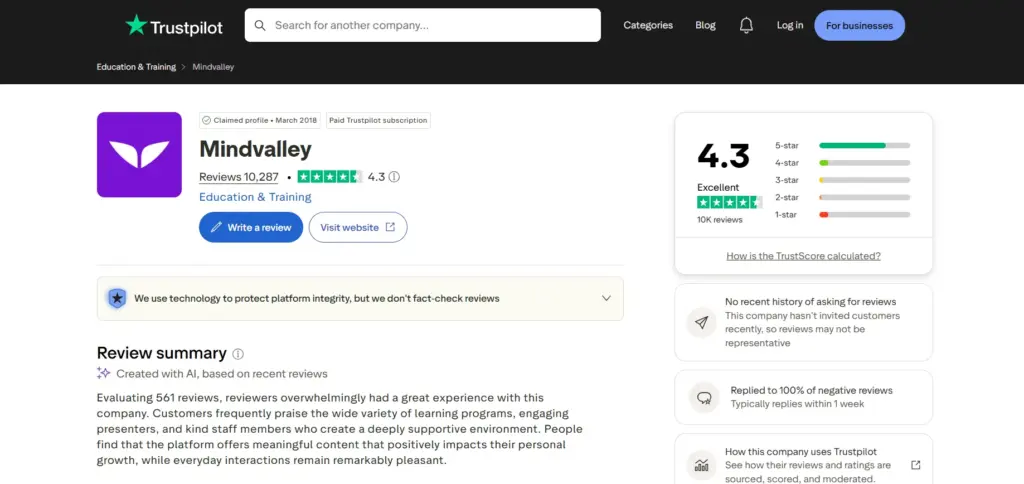 Mindvalley trustpilot review