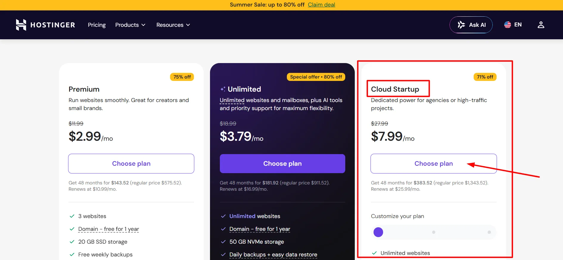 hostinger cloud startup