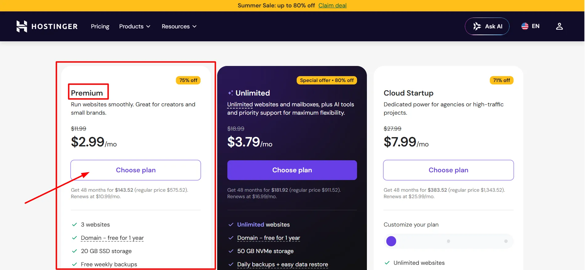 Hostinger premium plan