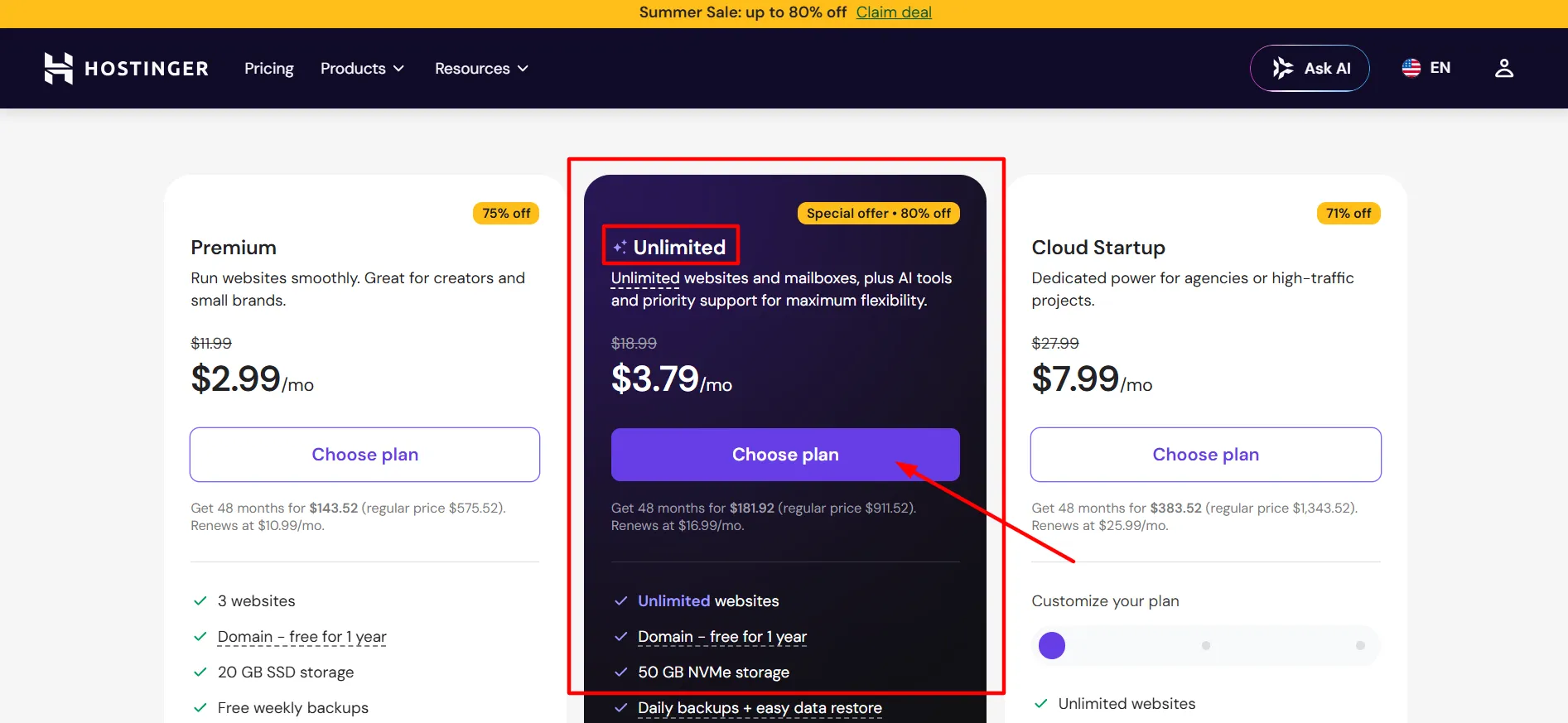 Hostinger Unlimited plan