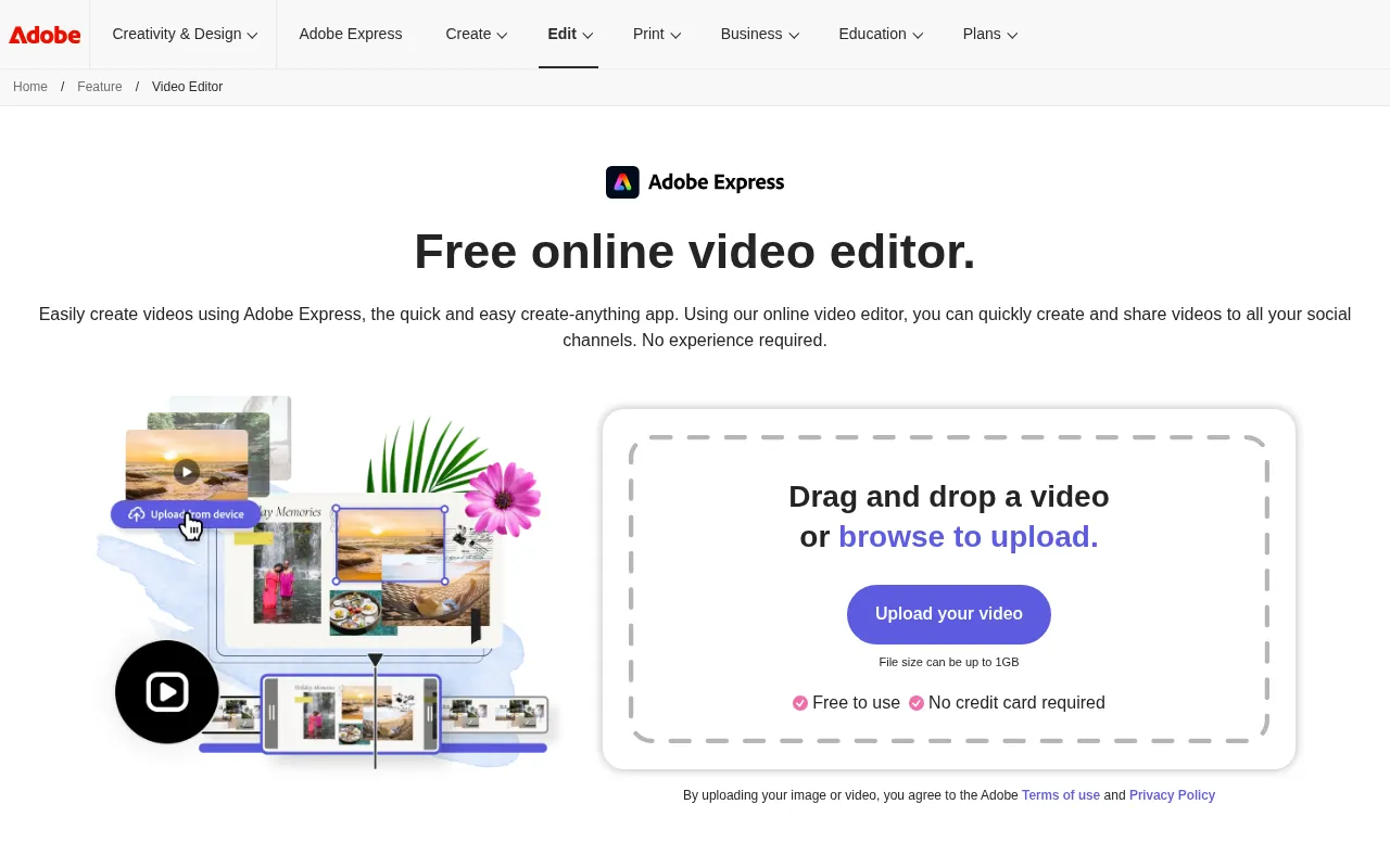 Adobe Express free online video editor official page