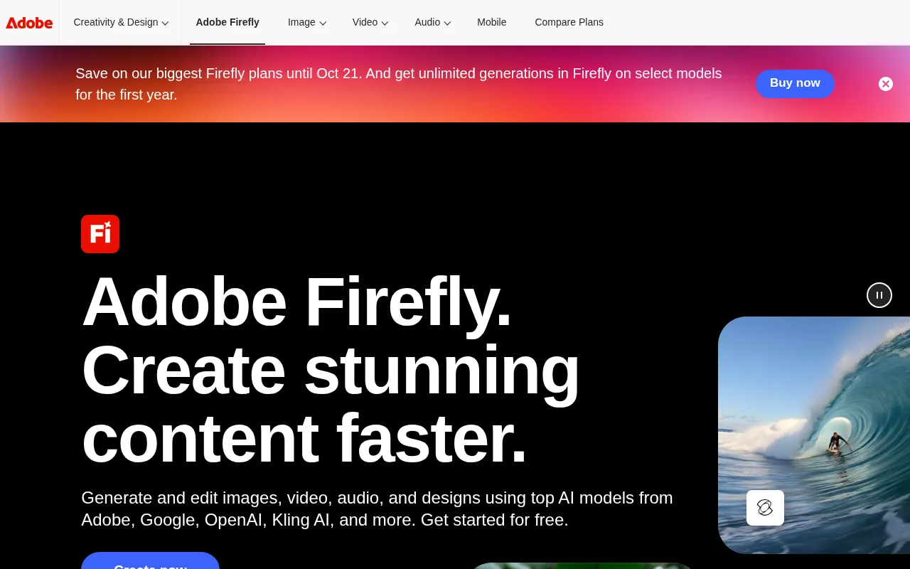 Adobe Firefly official page with free and paid plans