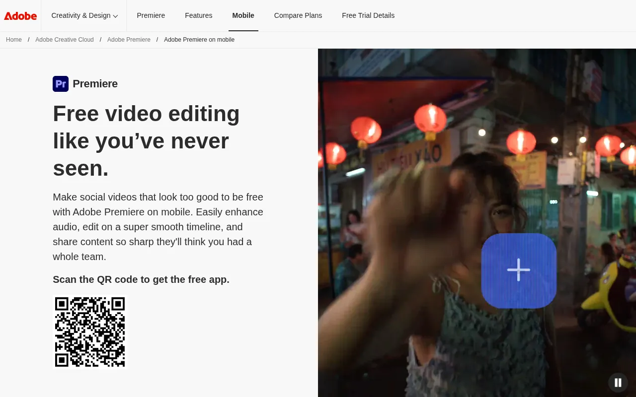 Adobe Premiere mobile app official page, a free CapCut alternative for Android and iPhone