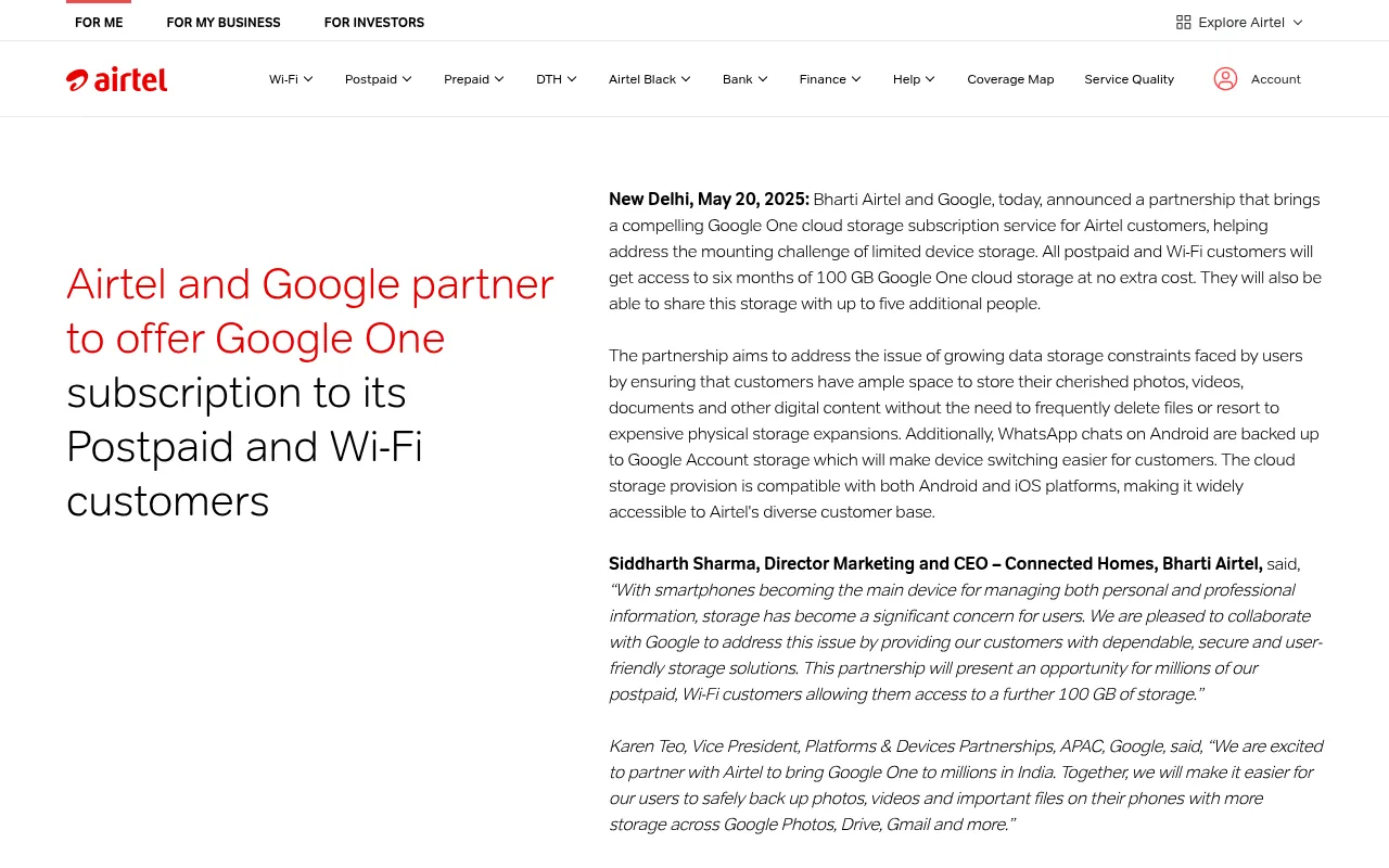 Airtel's official press release announcing 100 GB of Google One storage free for 6 months for postpaid and Wi-Fi customers