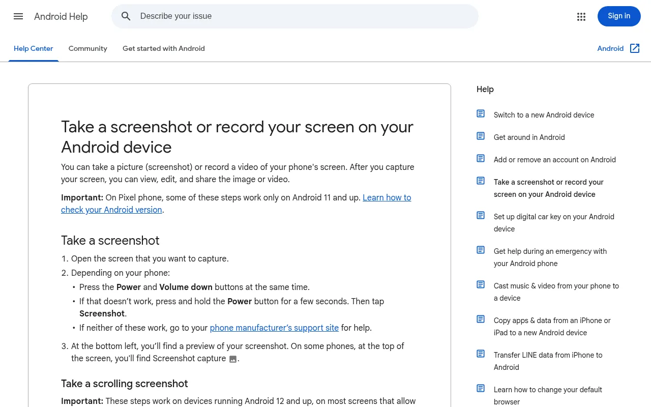 Google Help page explaining how to record your screen on an Android phone