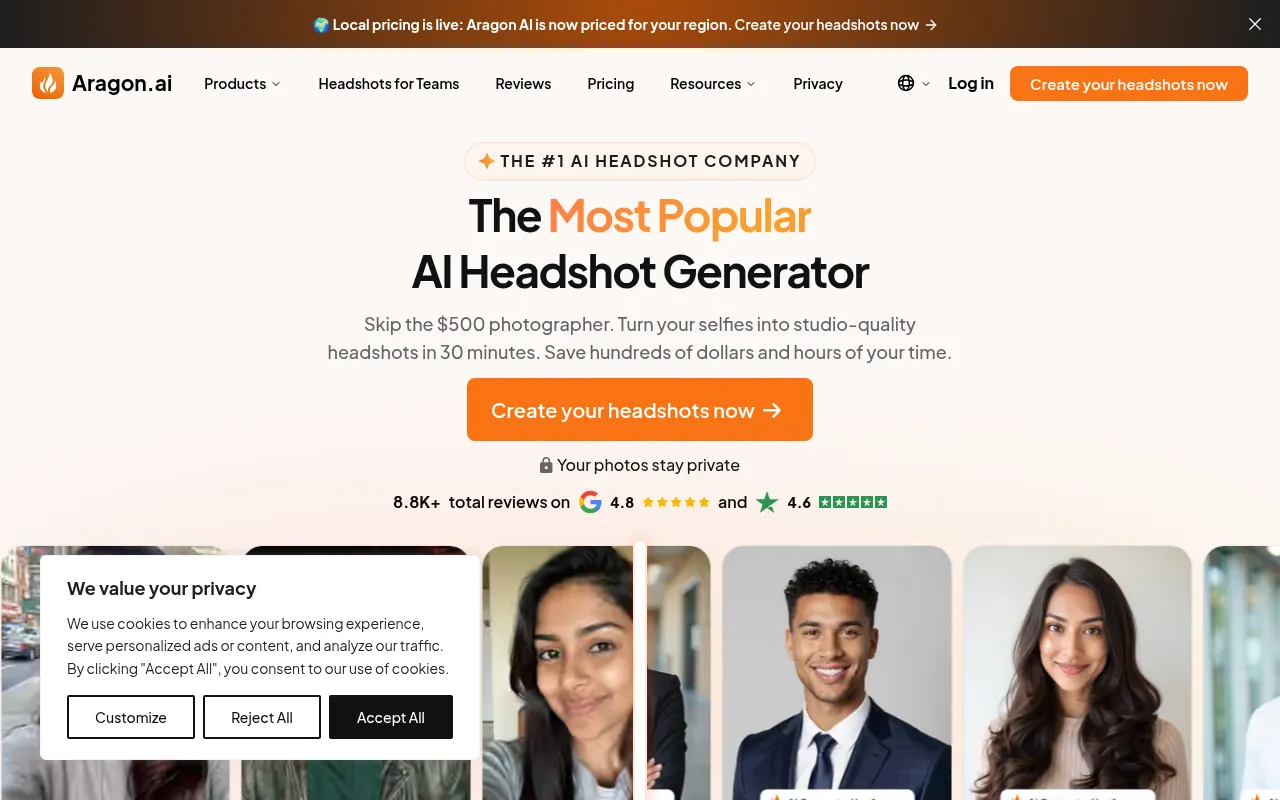 Aragon AI official homepage for AI headshots