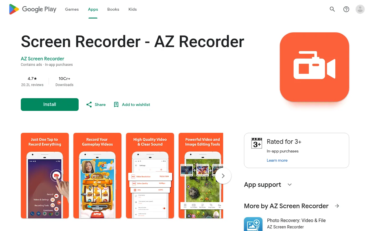 AZ Screen Recorder on Google Play, a free screen recorder app for Android with no watermark