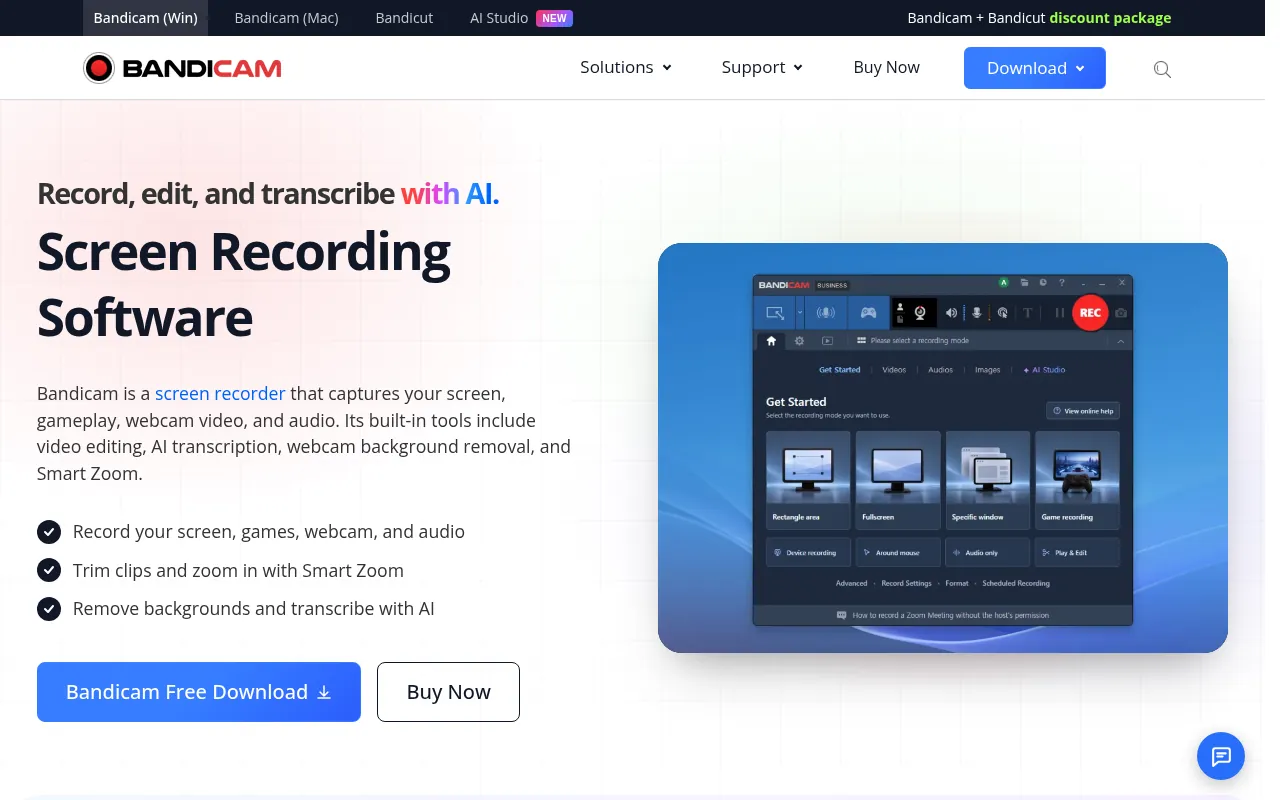 Bandicam official homepage, screen recording software for Windows and Mac