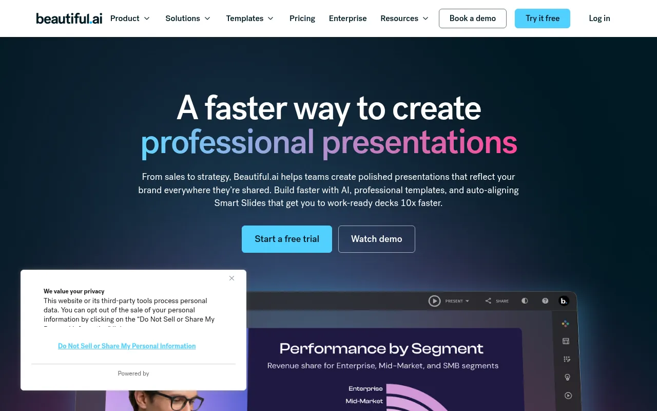 Beautiful.ai official homepage, AI presentation software with Smart Slides