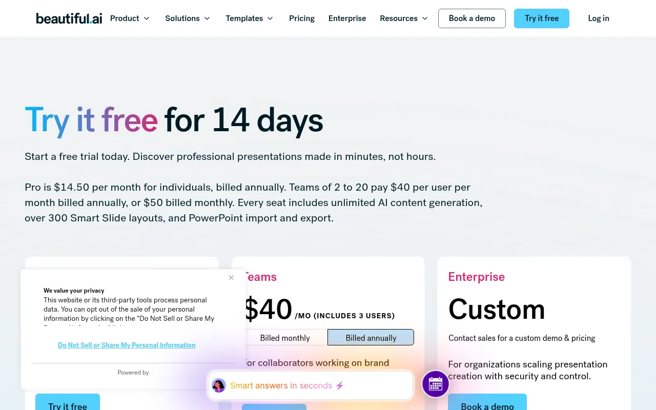 Beautiful.ai pricing page showing Pro and Team plans