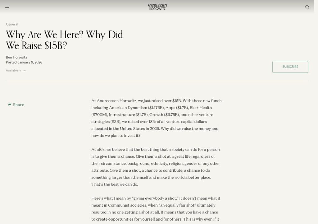 Ben Horowitz post on the a16z website about raising over $15 billion, a key driver of Ben Horowitz net worth