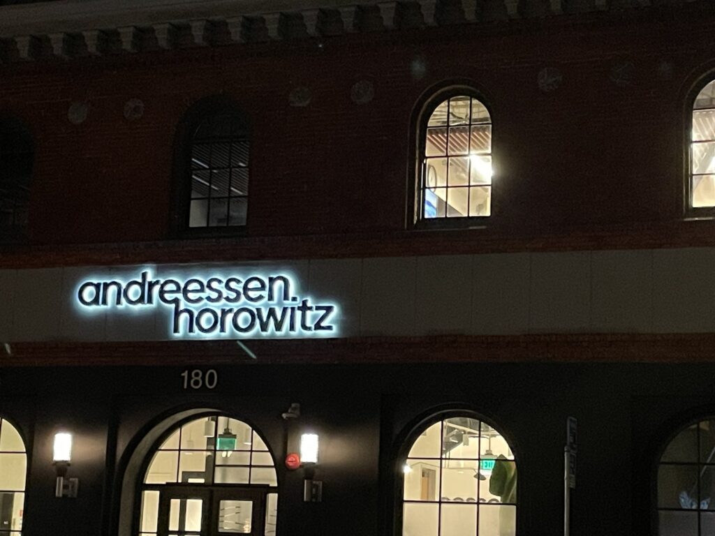 Andreessen Horowitz office building at night, the venture firm that drives most of Ben Horowitz net worth