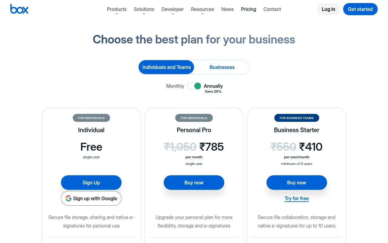 Box individual pricing page showing the free 10 GB plan