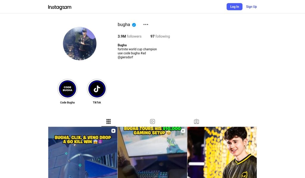 Bugha official Instagram profile with 3.9M followers and his Code Bugha creator code, a sponsor channel for Bugha net worth