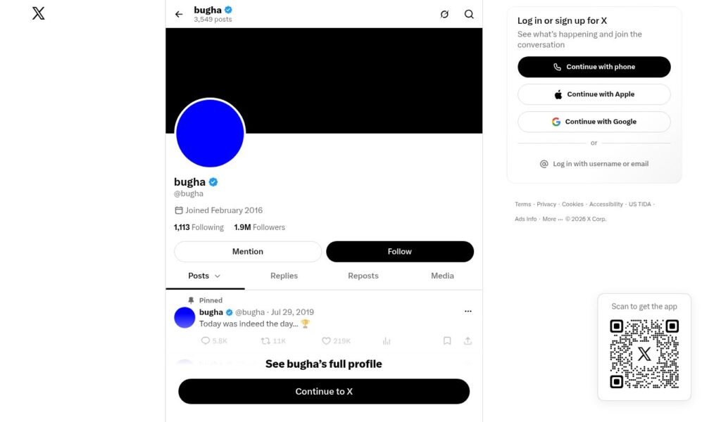 Bugha official X profile with about 1.9M followers and his pinned World Cup post, a fan base that supports Bugha net worth