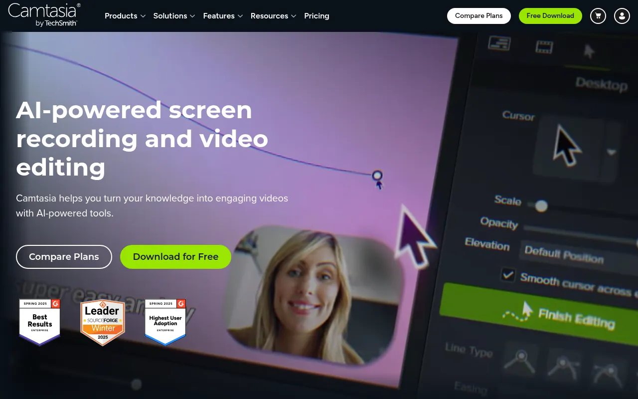 Camtasia official page, a screen recorder and video editor for Windows and Mac