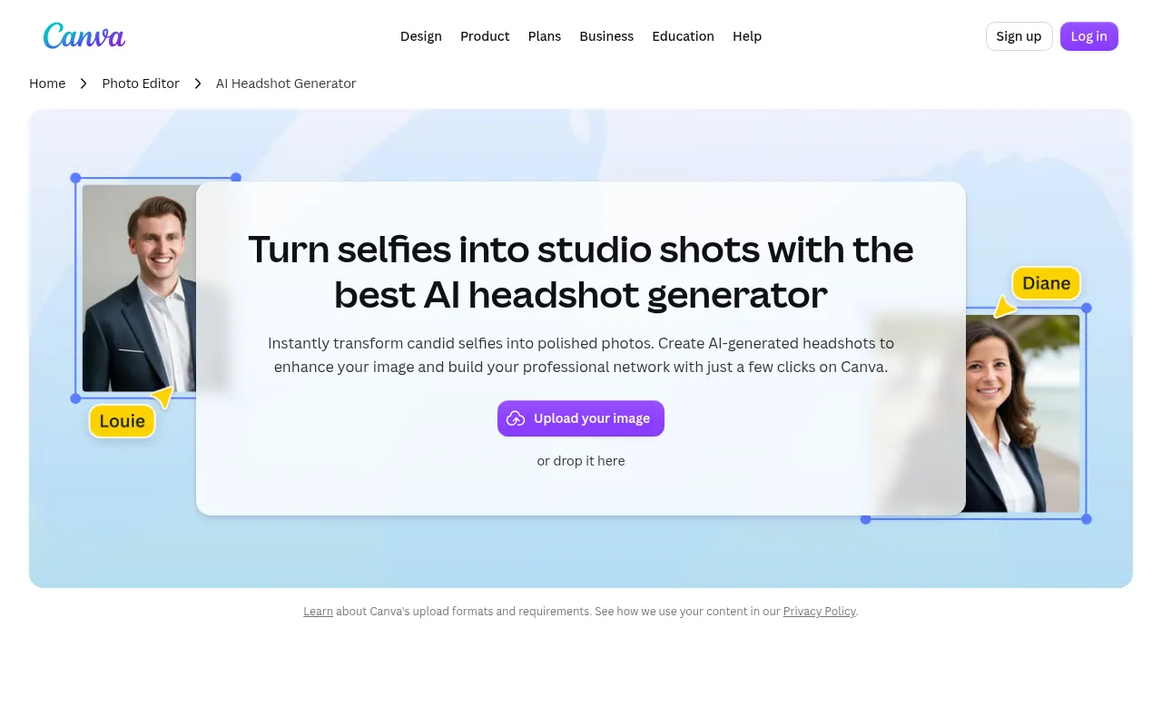 Canva AI headshot generator official page