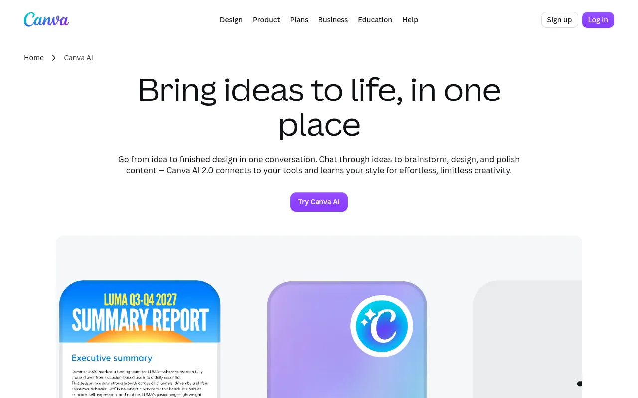 Canva AI official page, a free AI design app