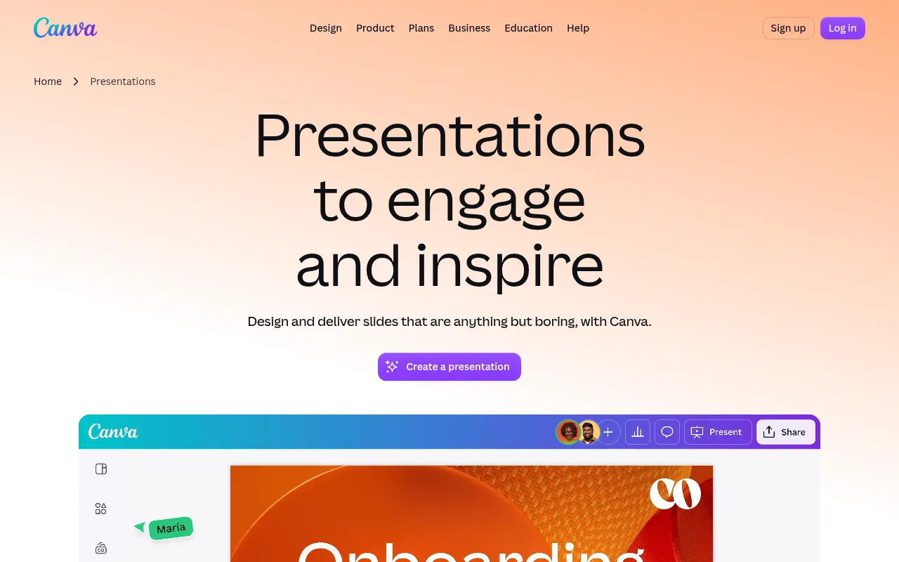 Canva presentations page showing AI-assisted presentation templates