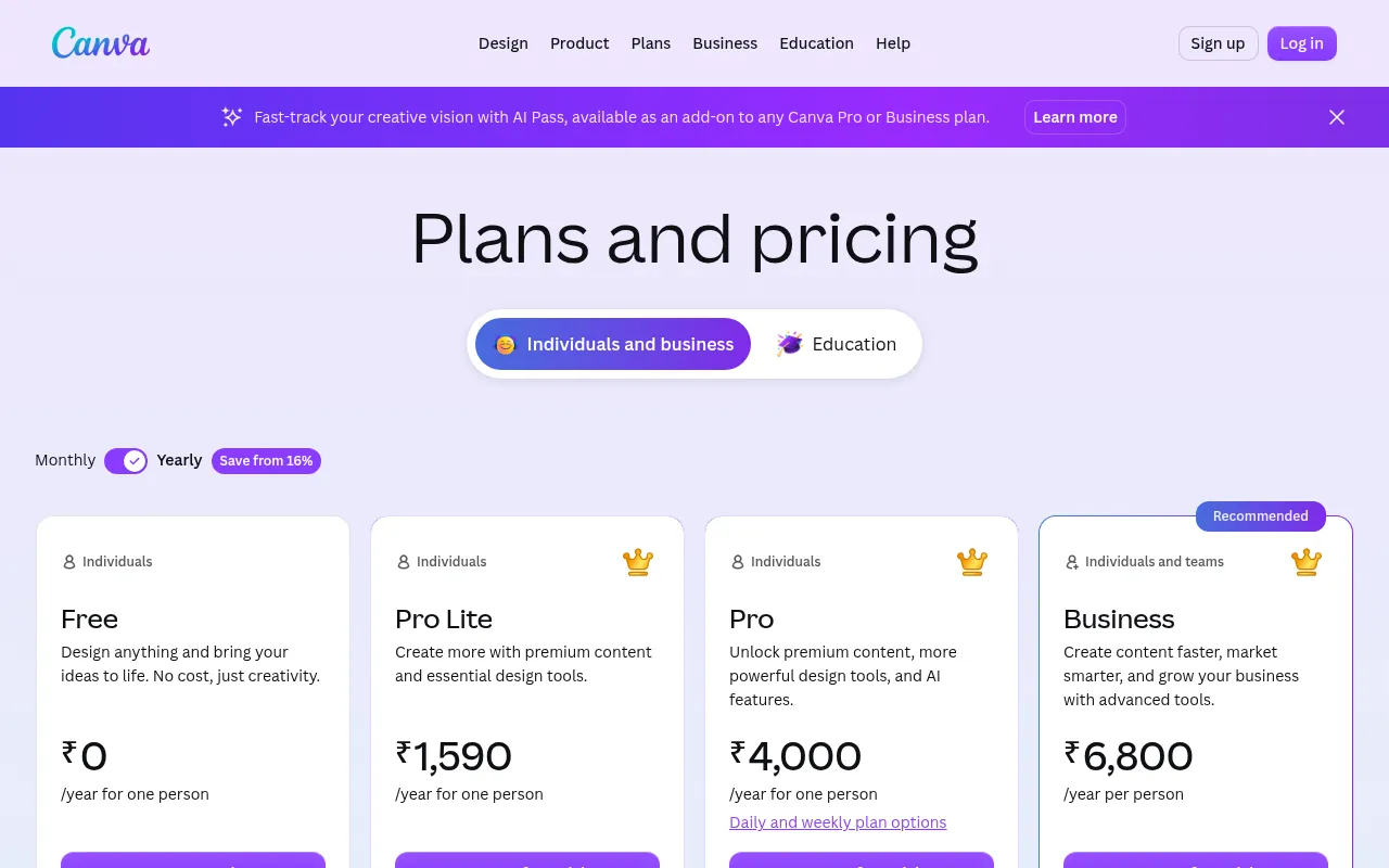 Canva pricing page for Free, Pro and Business plans