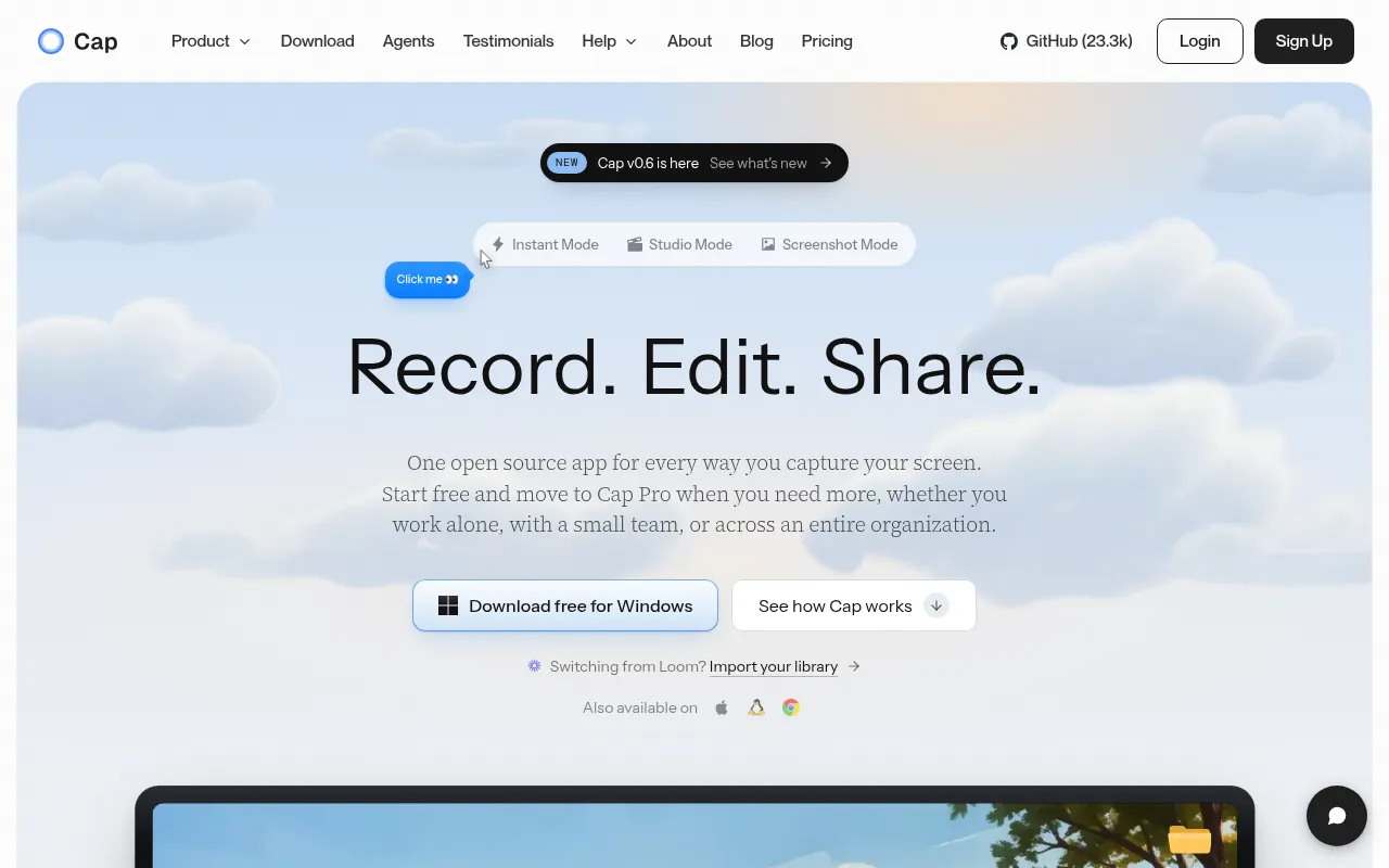 Cap official homepage, a free open source screen recorder and Loom alternative