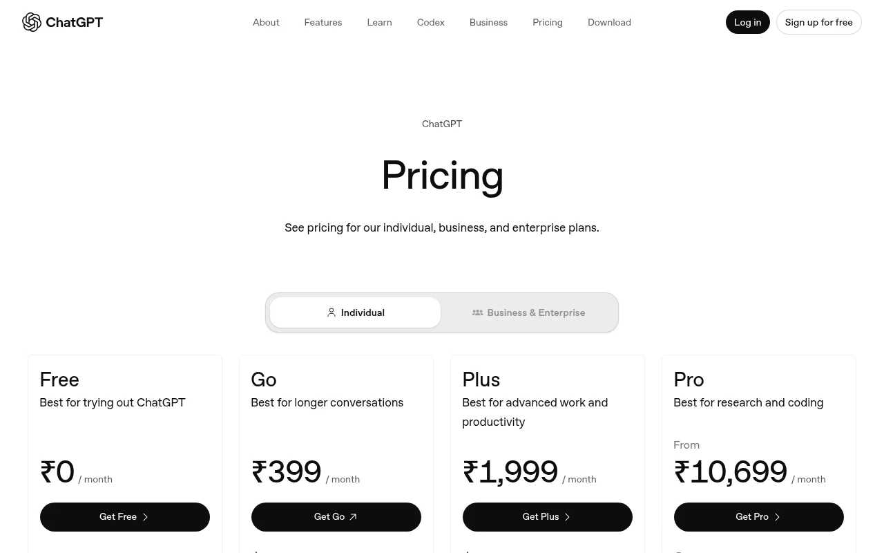 ChatGPT official pricing page showing India prices for Free, Go, Plus and Pro
