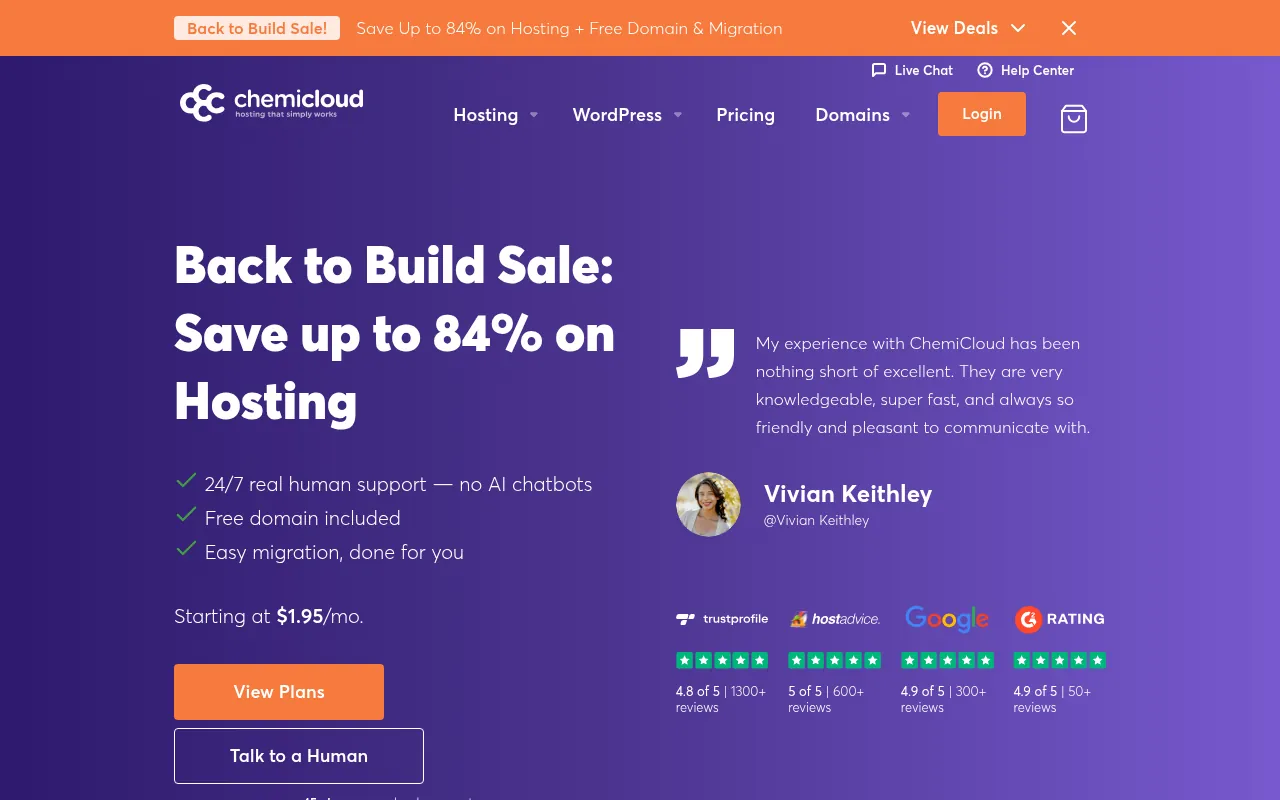 ChemiCloud official homepage, a web hosting company rather than a cloud storage service
