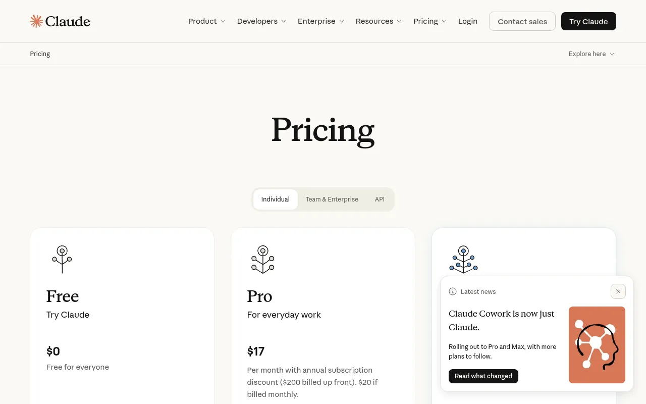 Claude pricing page showing Free, Pro and Max plans