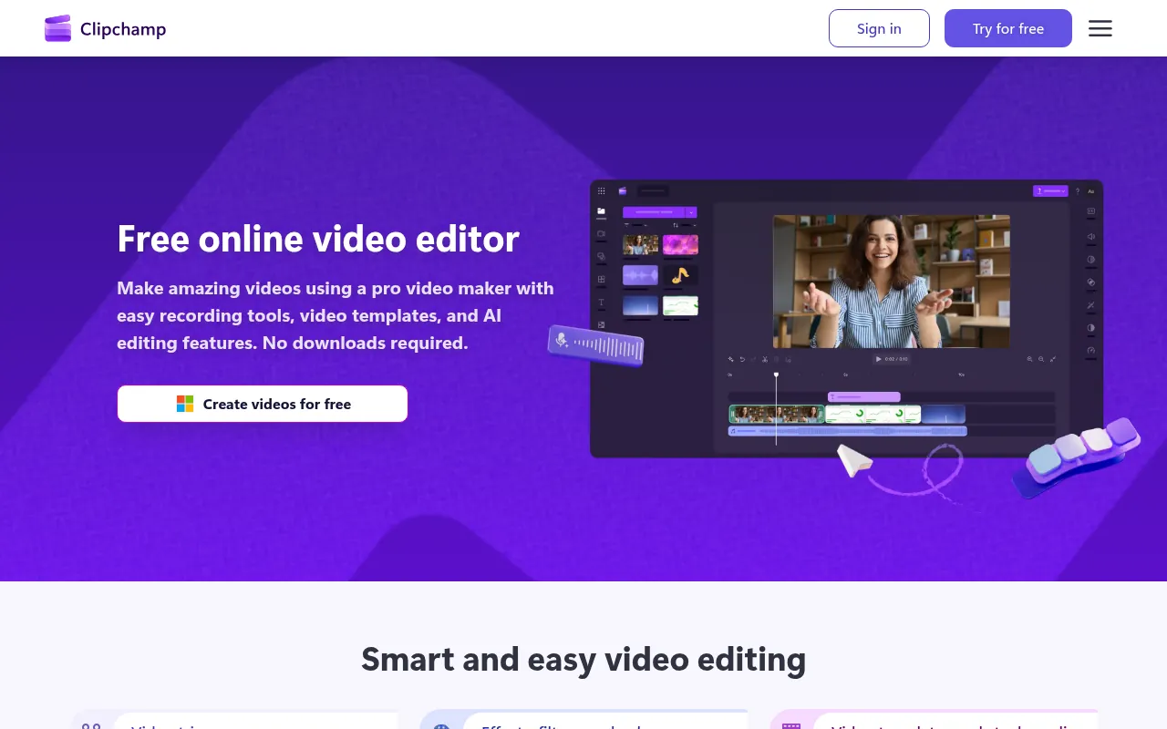 Microsoft Clipchamp official page, a free CapCut alternative for PC