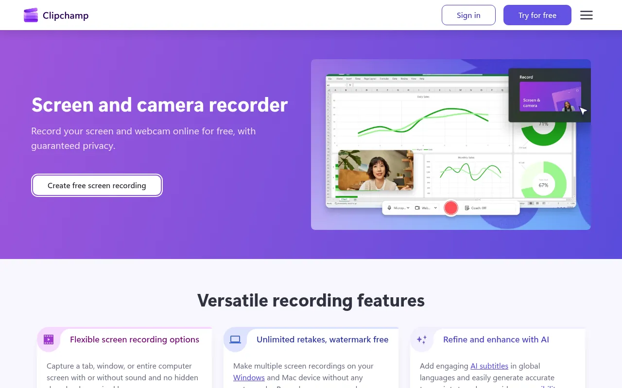 Clipchamp screen and camera recorder page, a free online screen recorder with no watermark