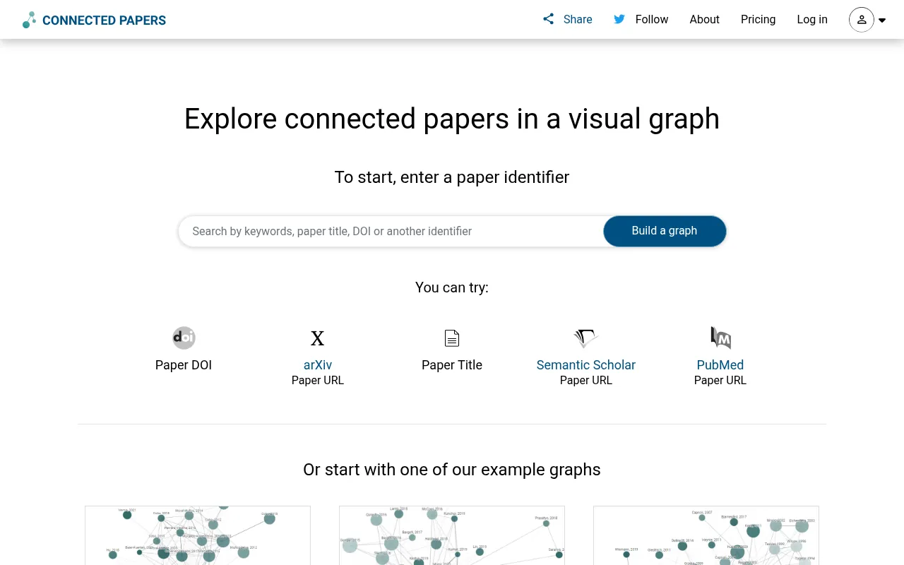 Connected Papers homepage, a tool to explore academic papers visually