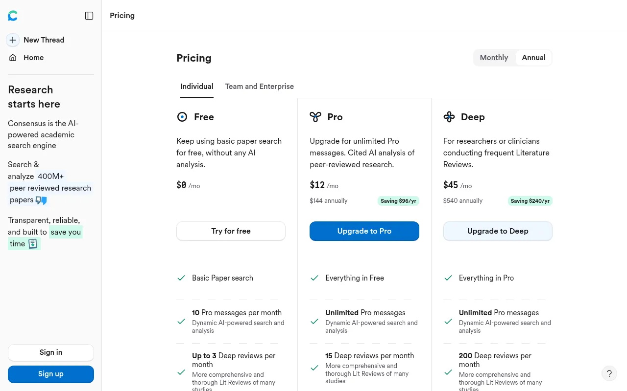 Consensus pricing page, an AI search engine for peer-reviewed research