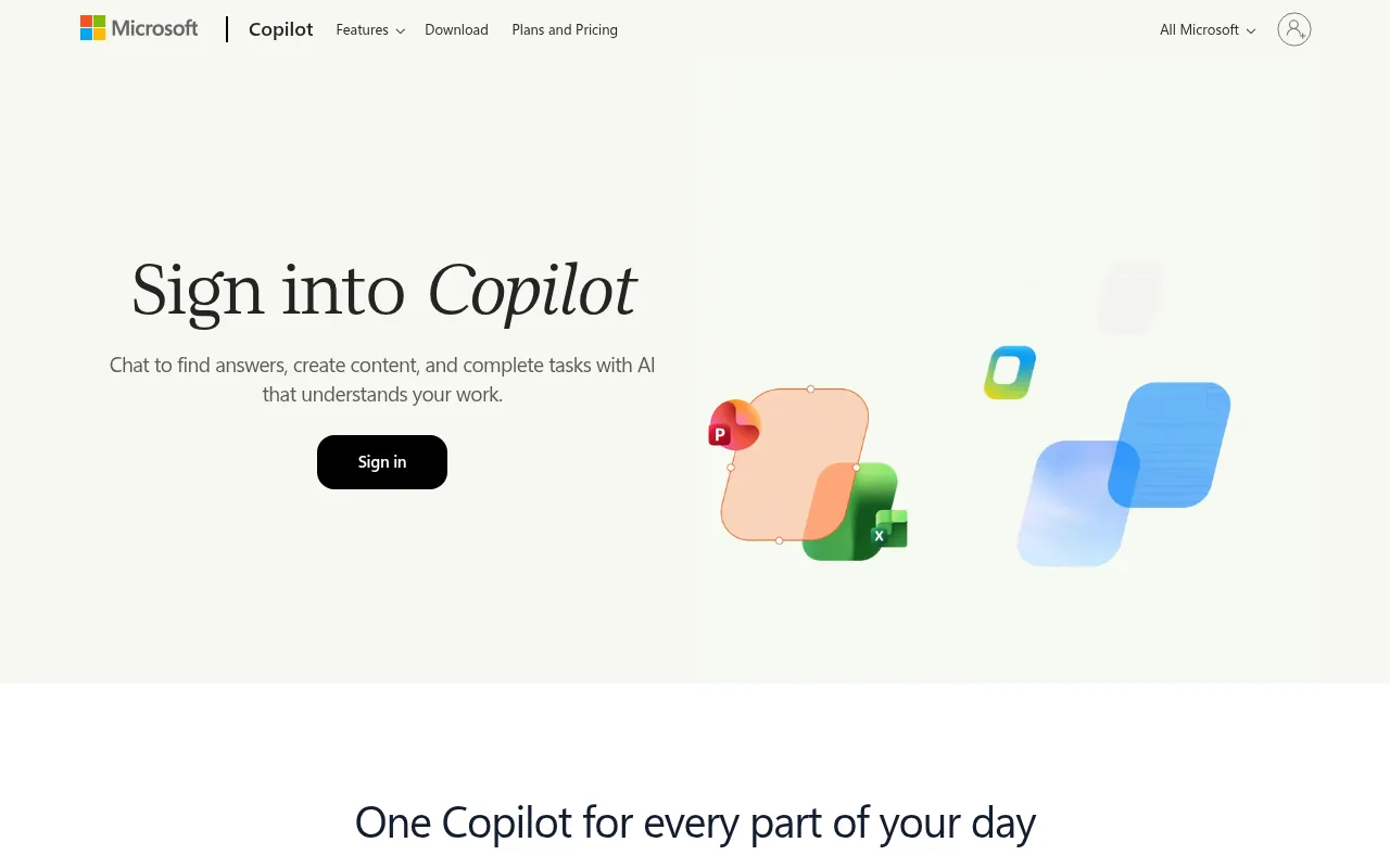 Microsoft Copilot official page, a free AI assistant for research