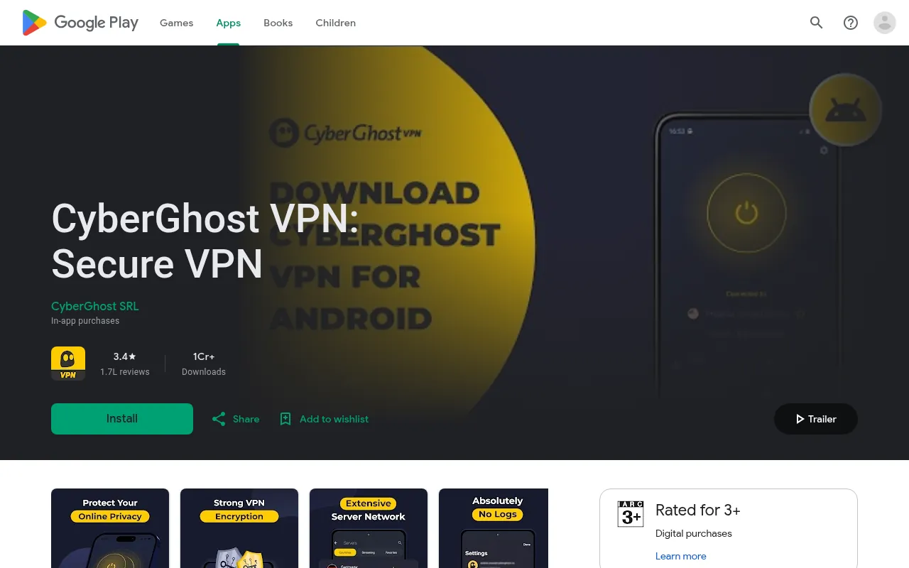 CyberGhost VPN official Google Play listing in India