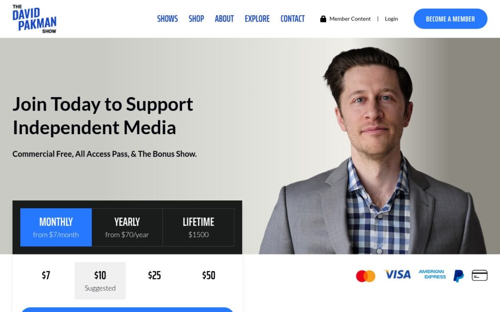 The David Pakman Show membership page with monthly, yearly and lifetime plans, a key part of David Pakman net worth
