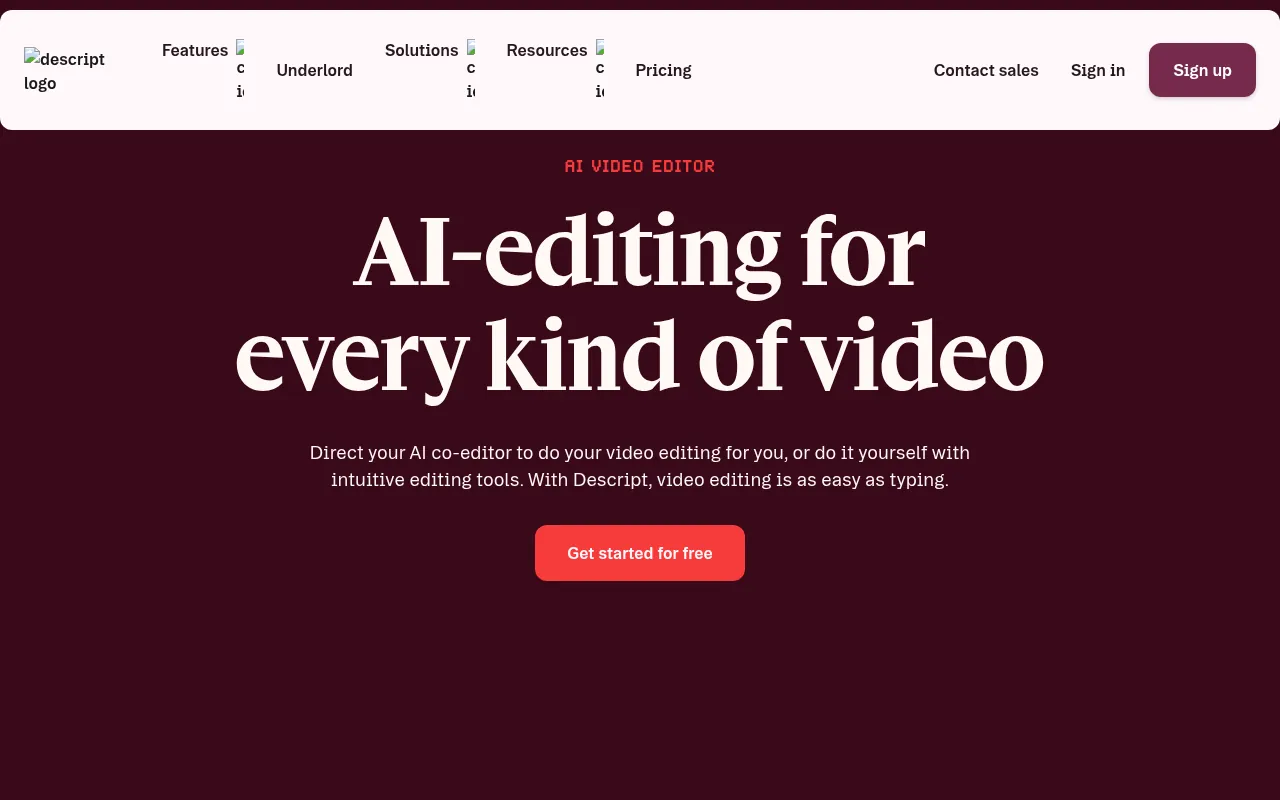 Descript official homepage, a text-based video editor