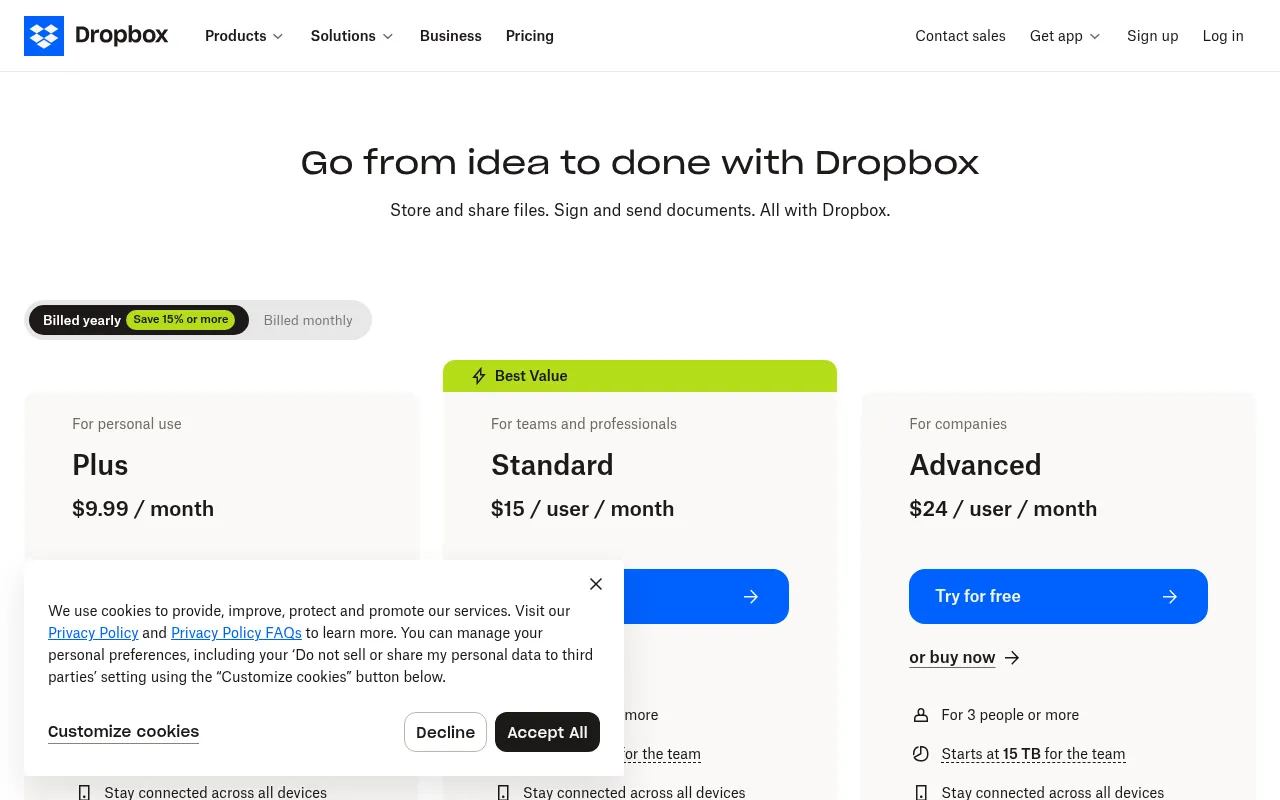 Dropbox plans page showing the free Basic plan with 2 GB of storage