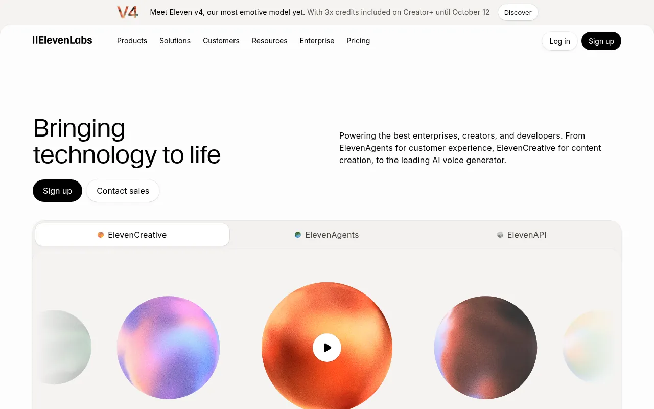 ElevenLabs official homepage, a free AI voice app