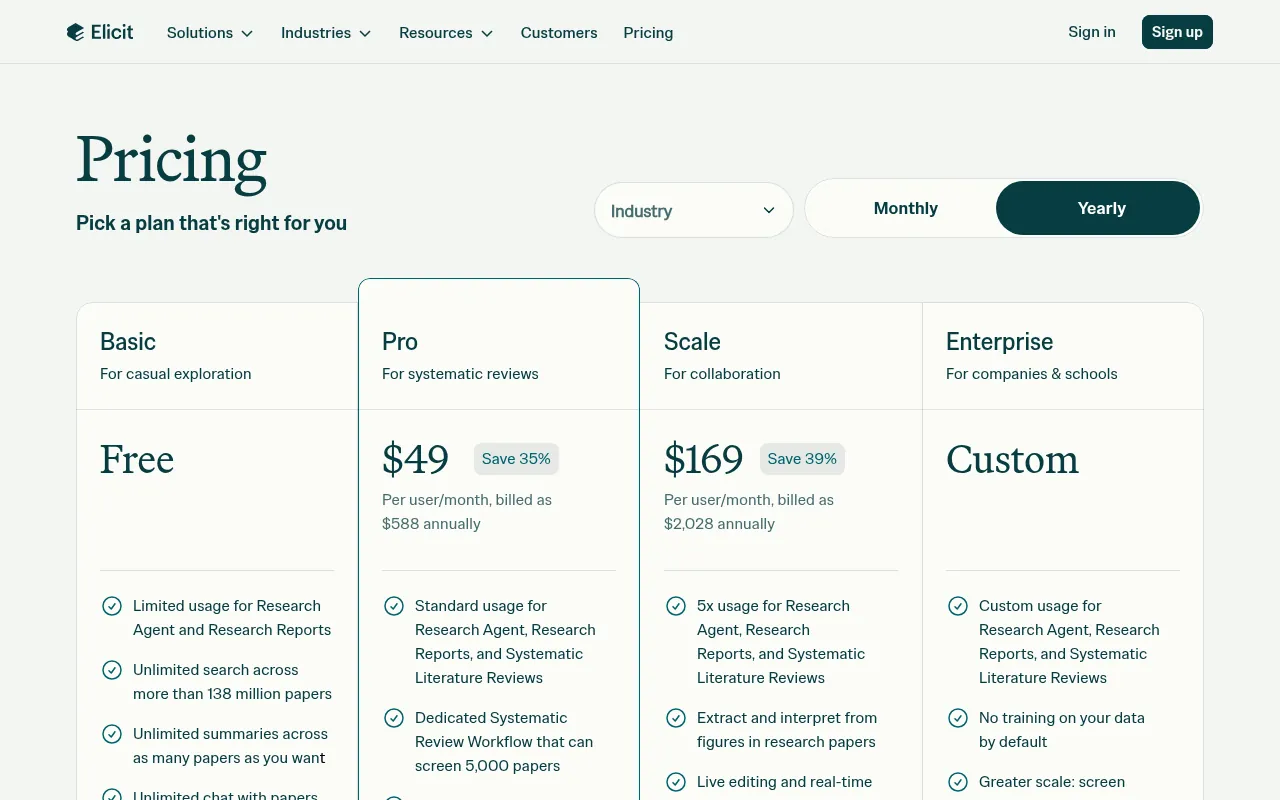 Elicit pricing page, an AI research assistant for literature reviews