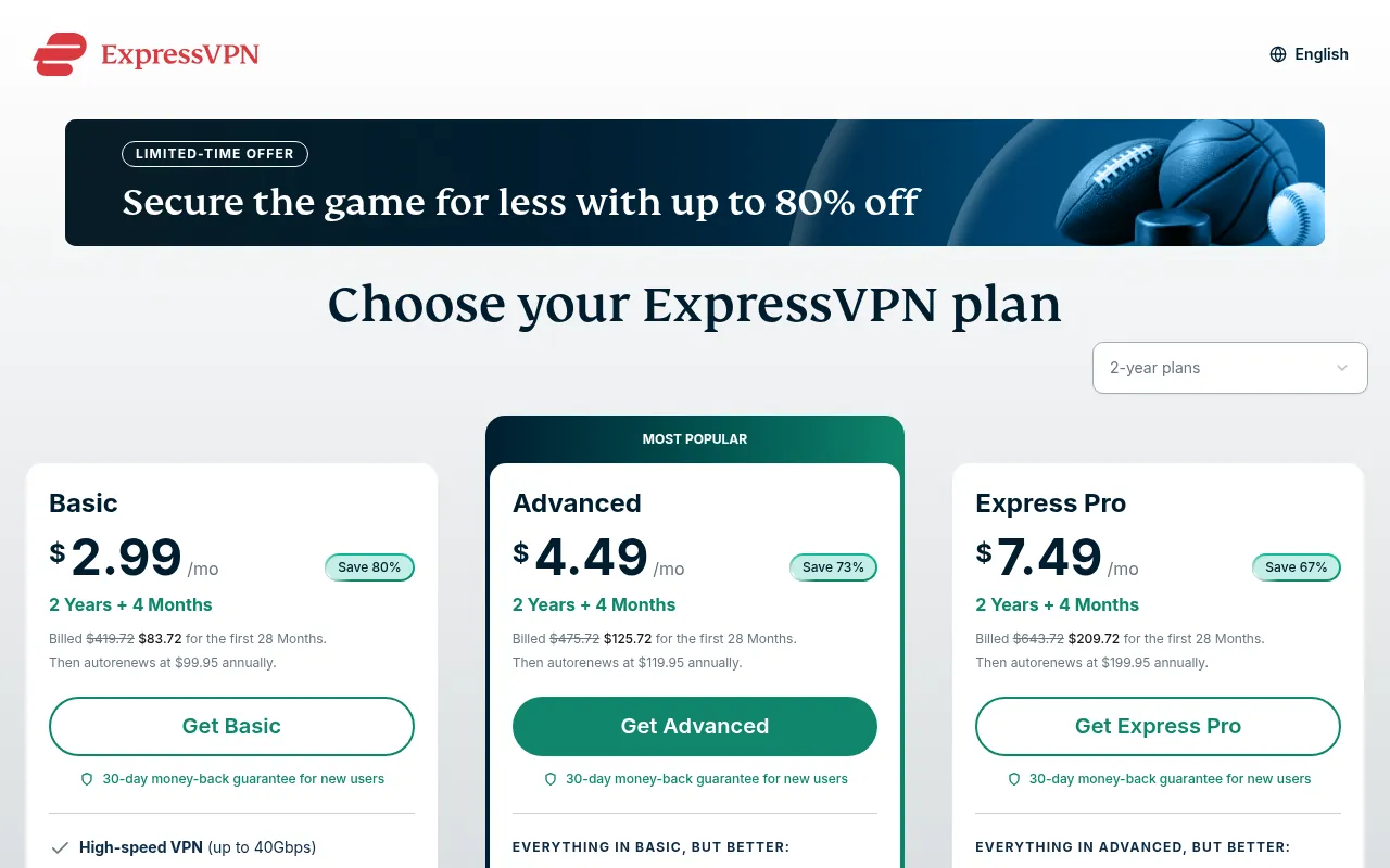 ExpressVPN pricing page in India showing Basic, Advanced and Pro plans